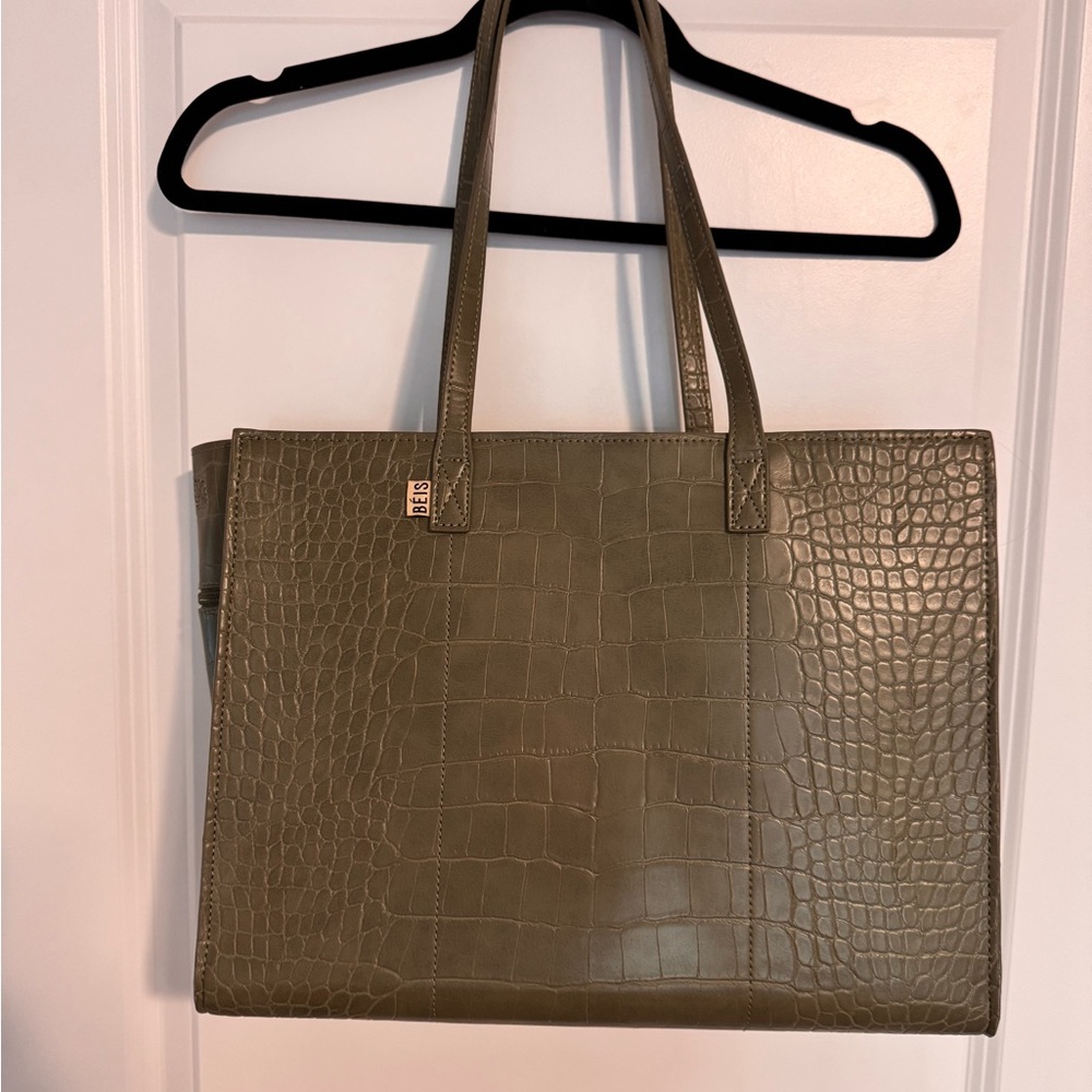 BEIS Olive Crocodile-Embossed Tote Bag